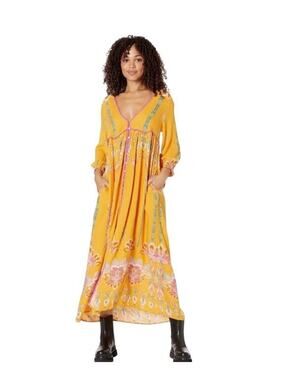 Free People Foley Maxi Dress Women’s M Yellow Duster Shirt Dress Boho Festival